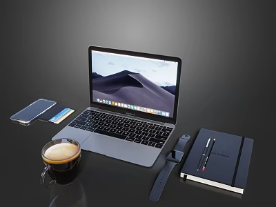 Modern Laptop with Smartphone Credit Card Coffee Cup Smartwatch Notebook and Pen 3d model