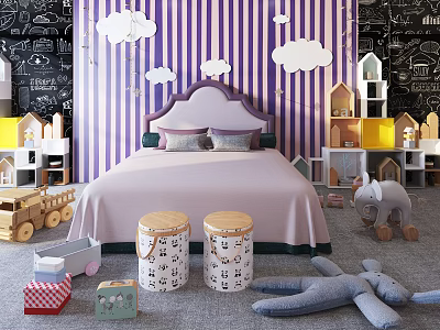 Colorful Kids Bedroom with Purple Striped Wallpaper Cloud Decorations and Stuffed Elephant 3d model