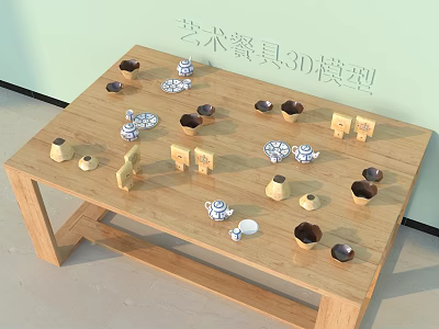 Wooden Tea Table and Chairs with Teacups and Ceramic Ornaments in Living Room 3d model