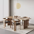 Modern Wooden Dining Table And Chair Set With Black Cushions And Pendant Light