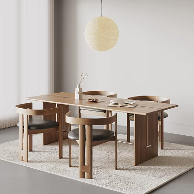 Modern Wooden Dining Table And Chair Set With Black Cushions And Pendant Light 3d model