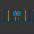 Blue and Yellow Metal Safety Barrier with Blue Sign on Rails and Yellow Base