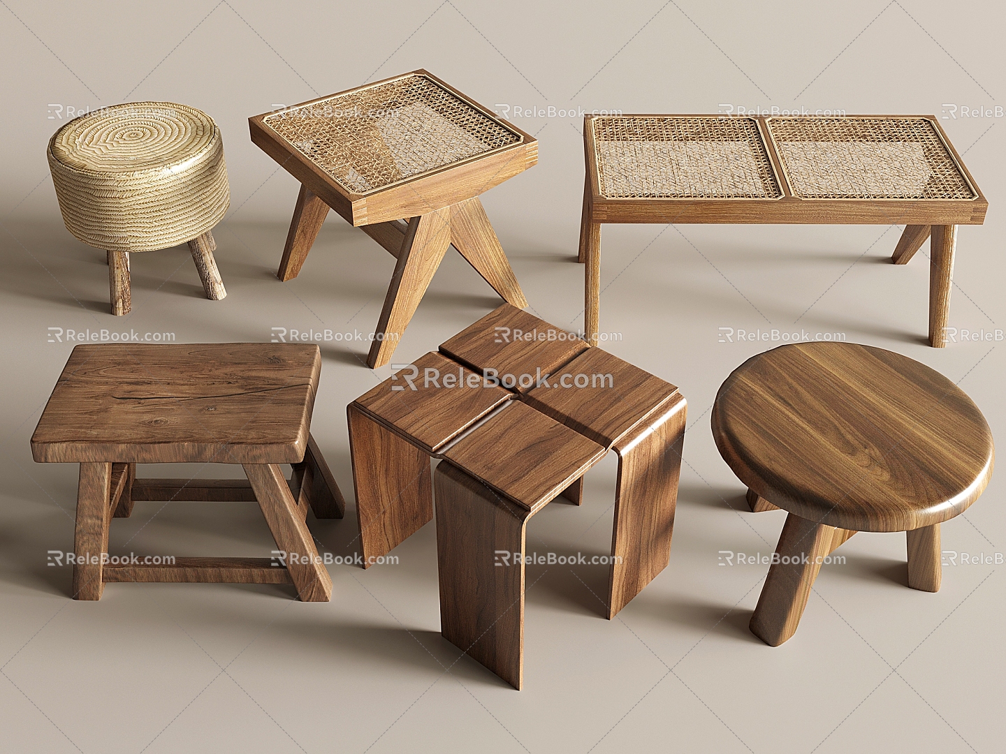 Quiet Stool Rattan Casual Stool Solid Wood Stool Round Wood Triangle Stool Four Corner Solid Wood Square Stool Nordic Leisure Rattan Stool Leisure Rattan Stool 3d model