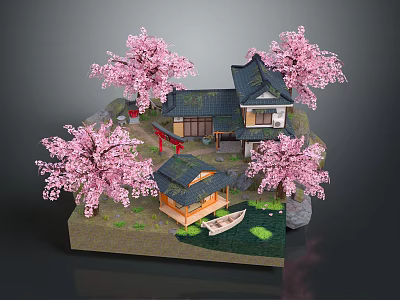 Cute Cartoon Scene With Japanese Houses Pink Cherry Trees Small Boat Red Torii Gate 3d model
