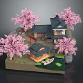 Cute Cartoon Scene With Japanese Houses Pink Cherry Trees Small Boat Red Torii Gate