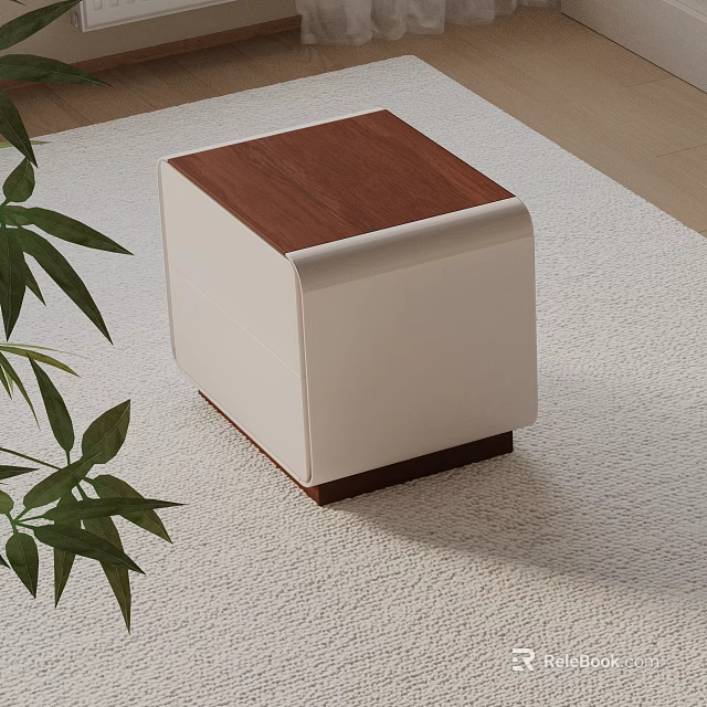 Modern Bedroom Nightstand with Wooden Top and Light Beige Body and Green Plant on Carpet 3d model 