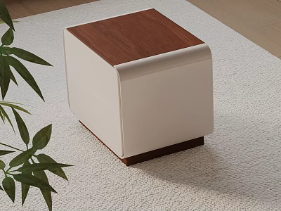 Modern Bedroom Nightstand with Wooden Top and Light Beige Body and Green Plant on Carpet 3d model