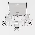 White Office Desks With Chairs Projection Screen And Ceiling Light Setup 3d model