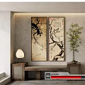 Vertical Plant Paintings On Wall With Bamboo Plant And Wooden Bench In Interior