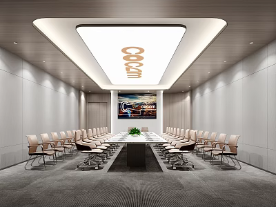 Modern Conference Room Interior With Long Table Chairs COCO Logo On Ceiling And Cityscape Painting 3d model