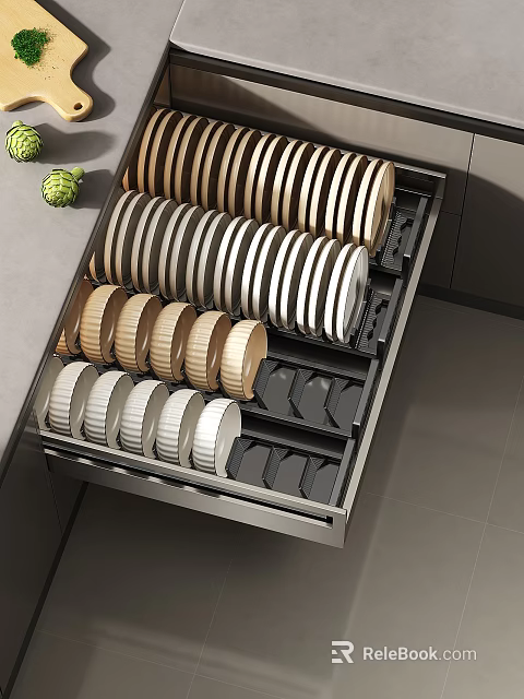 Organized Dinnerware Set in Kitchen Drawer With White Beige and Brown Plates 3d model