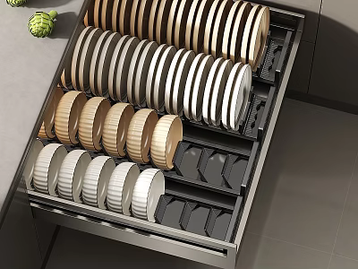 Organized Dinnerware Set in Kitchen Drawer With White Beige and Brown Plates 3d model