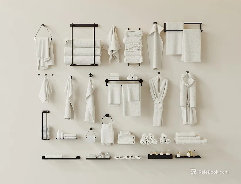 Clothing Bath Towels Display With Hanging And Folded Styles On Wall Racks 3d model 
