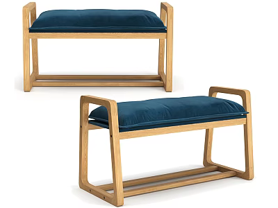 Modern Wooden Bench With Blue Cushion And Oak Frame For Living Room 3d model
