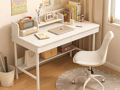 White Desk with Storage Drawers Laptop Calendar Books and Chair by Window 3d model