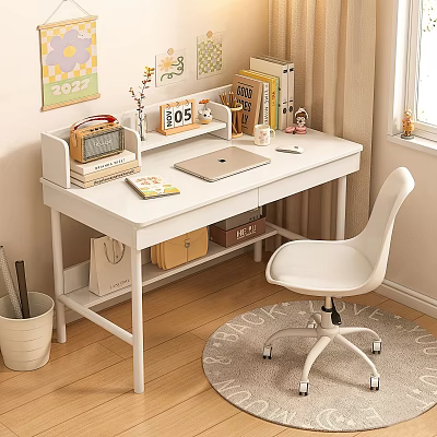 White Desk with Storage Drawers Laptop Calendar Books and Chair by Window 3d model