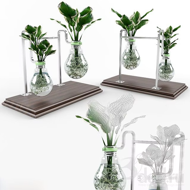 Stylish Bonsai Plants In Glass Bottles With Metal Stands And Wooden Bases 3d model 
