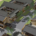 Traditional Ancient Chinese Architecture In Desert With Palm Trees Plaza And People