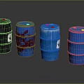 Four Black and Blue Barrels with Stained Surfaces and White Labels