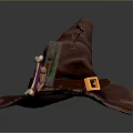 Wizard's Magical Hat Adorned With Small Creatures Cat Mushroom Herbs Feather And Bone
