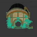 Traditional Thatched Roof Cottage With Wooden Structure Round Door Surrounding Plants And Stone Steps
