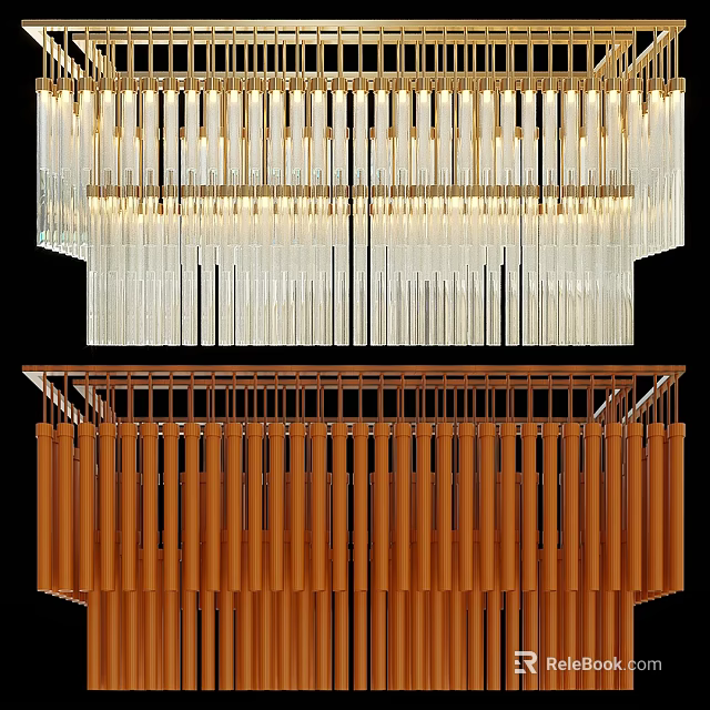 Stylish Modern Ceiling Lights with Crystal Transparent and Orange Hanging Strips Metal Frame 3d model 