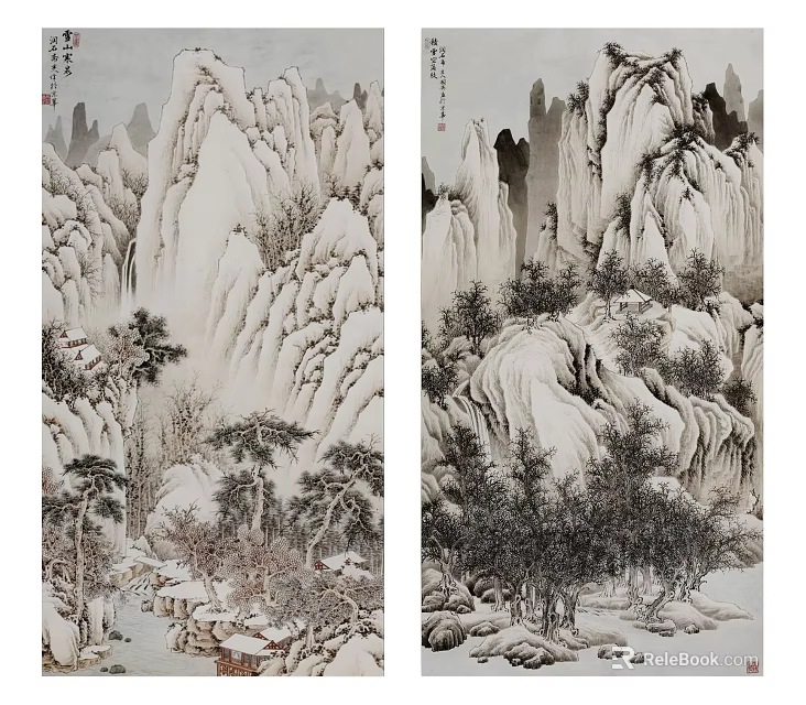 Traditional Chinese Landscape Painting With Snow Covered Mountains Pine Trees And Rocky Cliffs 3d model 