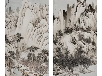 Traditional Chinese Landscape Painting With Snow Covered Mountains Pine Trees And Rocky Cliffs 3d model