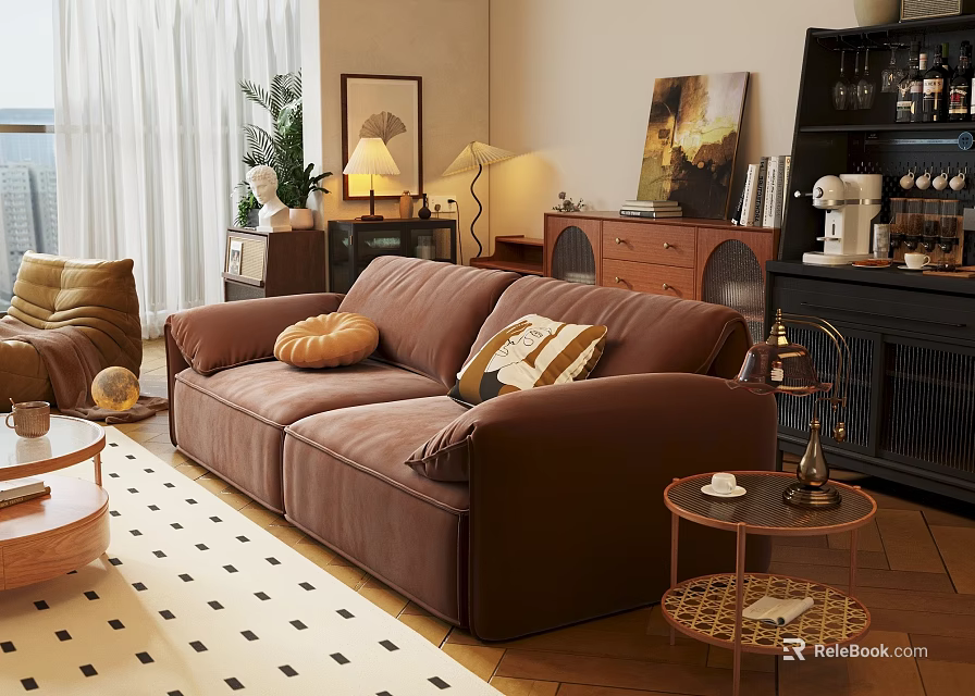 Cozy Brown Velvet Sofa Coffee Table Set With Throw Pillows And Wooden Side Table 3d model 