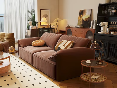 Cozy Brown Velvet Sofa Coffee Table Set With Throw Pillows And Wooden Side Table 3d model