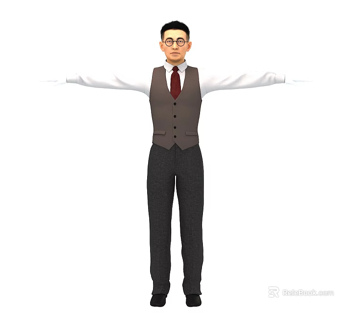Man Wearing Glasses White Shirt Dark Vest And Dark Pants With Arms Outstretched 3d model 
