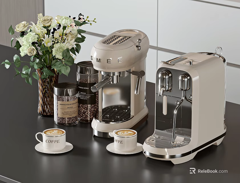 Stylish Kitchen Appliances Featuring Coffee Machines With Cups Beans And Flower Vase On Countertop 3d model 