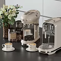 Stylish Kitchen Appliances Featuring Coffee Machines With Cups Beans And Flower Vase On Countertop