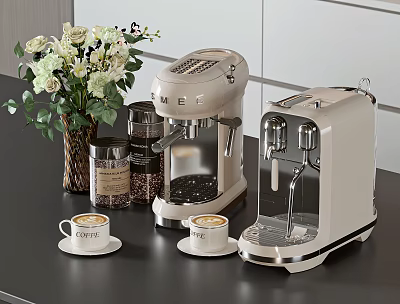 Stylish Kitchen Appliances Featuring Coffee Machines With Cups Beans And Flower Vase On Countertop 3d model