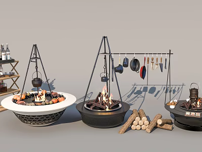Camping Campground With Fire Pits Hanging Cookware And Firewood Logs Cooking Setup 3d model
