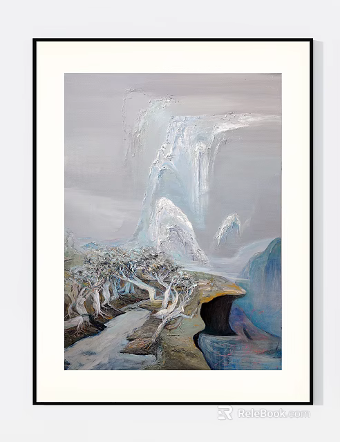 Abstract Natural Landscape Painting With Snowy Mountains Waterfall And Withered Trees 3d model 
