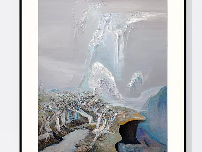 Abstract Natural Landscape Painting With Snowy Mountains Waterfall And Withered Trees 3d model