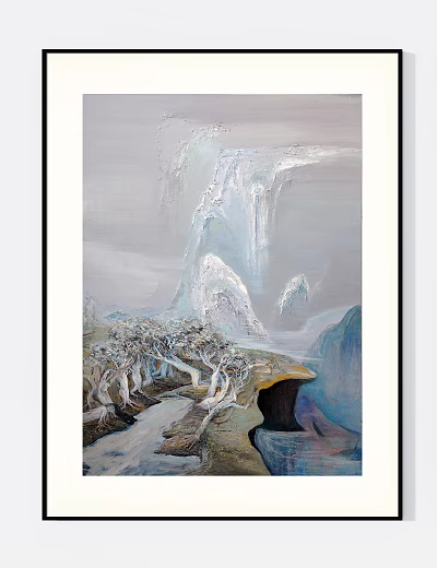 Abstract Natural Landscape Painting With Snowy Mountains Waterfall And Withered Trees 3d model