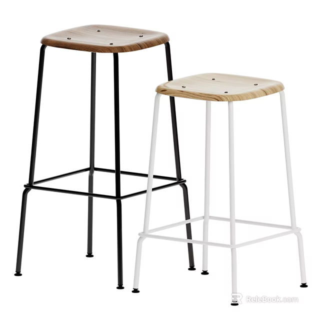 Stylish Bar Stool With Black White Metal Frame And Wooden Seat 3d model 