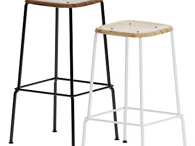 Stylish Bar Stool With Black White Metal Frame And Wooden Seat 3d model