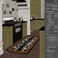 Green Kitchen Interior With Black Countertops Gas Stove Cabinets And Floral Rug
