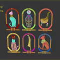 Egyptian Style Golden Wall Decor With Oval Frames And Cat Human Chair Harp Anubis Patterns