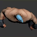 Muscular Man With Blue Hair In Standing Pose Wearing Blue Shorts And Black Boxing Gloves