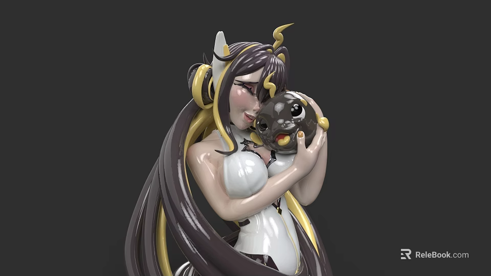 Woman With Long Dark Hair Horned Headpiece Holding Black Creature In White Gold Outfit 3d model 