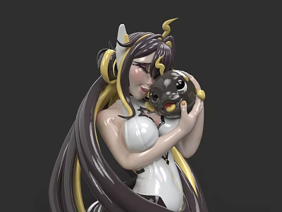 Woman With Long Dark Hair Horned Headpiece Holding Black Creature In White Gold Outfit 3d model