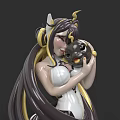 Woman With Long Dark Hair Horned Headpiece Holding Black Creature In White Gold Outfit