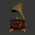 Vintage Gramophone With Golden Horn Wooden Base Black Record And Pink Center