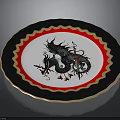 Decorative Plate With Blue Wavy Rim Red Border White Background And Black Dragon Design