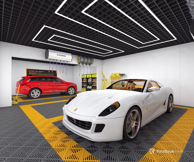 4S Automobile Dealership Service Area with Red SUV White Sports Car Yellow Parking Lines Black Grid Ceiling and White Lights 3d model 
