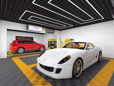 4S Automobile Dealership Service Area with Red SUV White Sports Car Yellow Parking Lines Black Grid Ceiling and White Lights 3d model